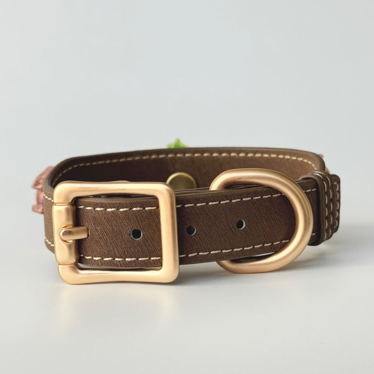 Close-up brown faux leather pet collar with metal buckle, christmas tree and house charms, no beaded pendant chain | DIY Jade