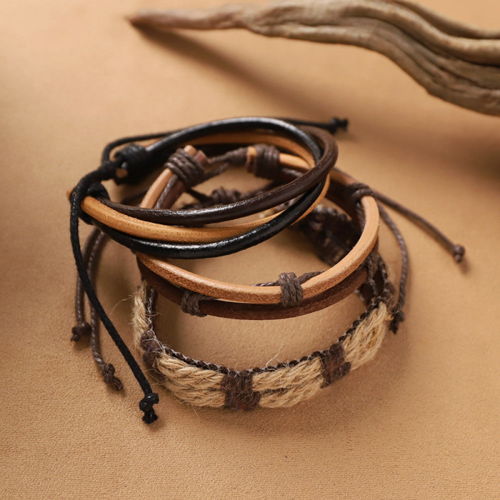 Brown-gray patchwork leather and wood bead boho bracelet set | DIY Jade
