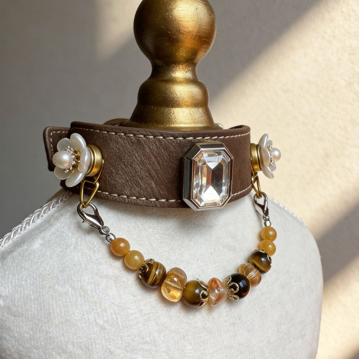 Dark brown leather pet collar with large clear crystal and golden tiger eye jade beads | DIY Jade