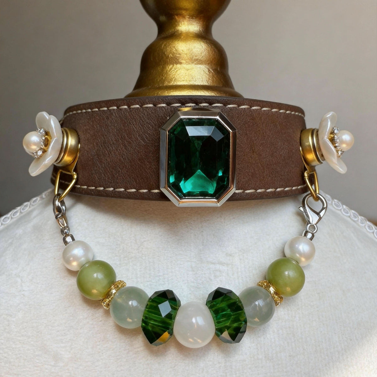 Brown leather pet collar with big emerald gem and jade pearl chain | DIY Jade