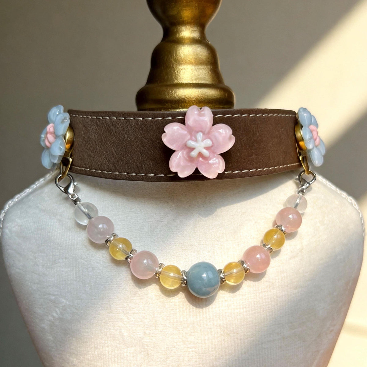 Dark brown leather pet collar with pink sakura charms and pastel jade bead chain | DIY Jade
