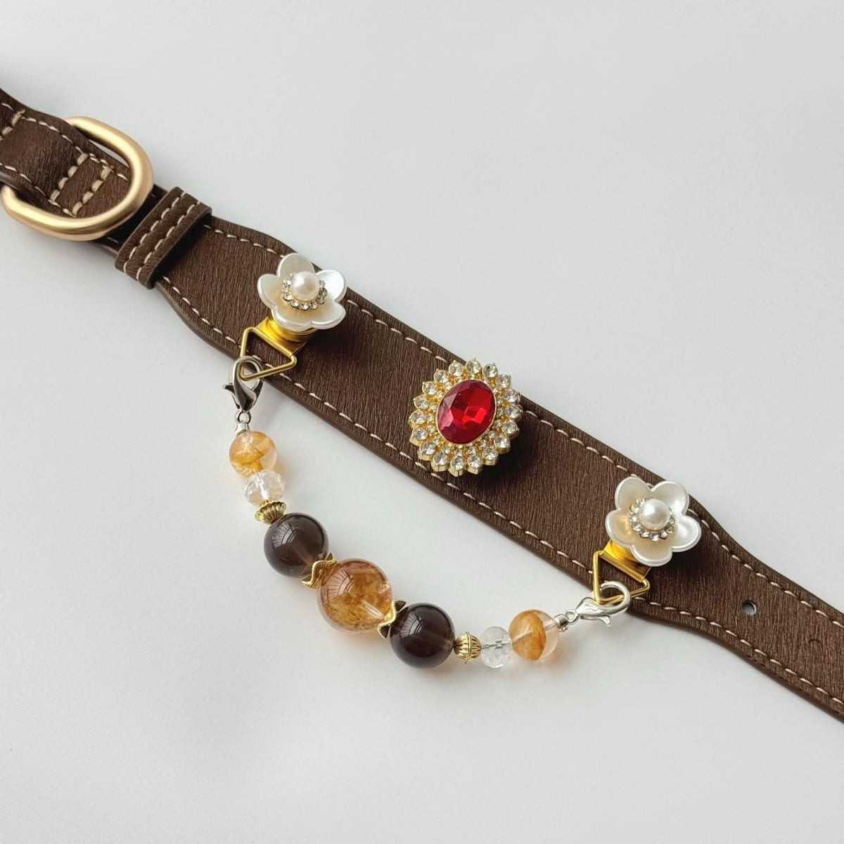 Brown faux‑leather dog collar with red rhinestone gem and bead chain detail | DIY Jade