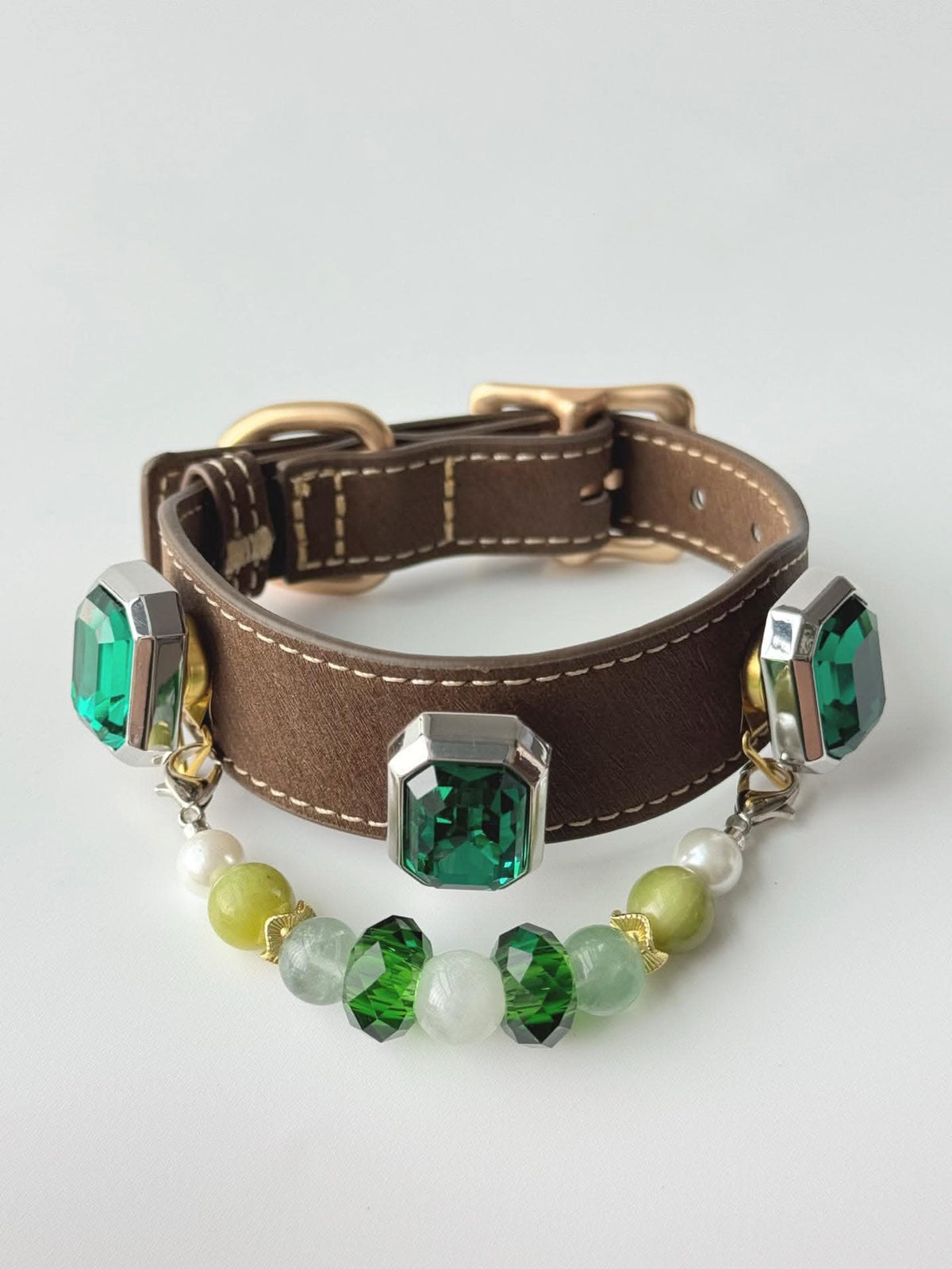 Brown leather pet collar with big gem charms and dangling bead chain product photo | DIY Jade