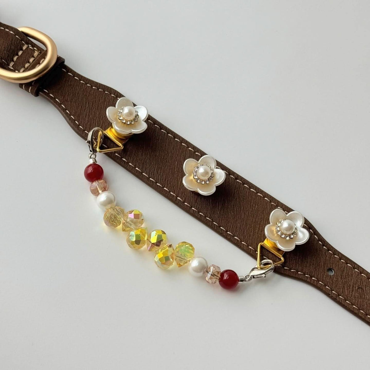 Top view brown leather collar strap with dangling flower, red and yellow crystal bead accessory | DIY Jade