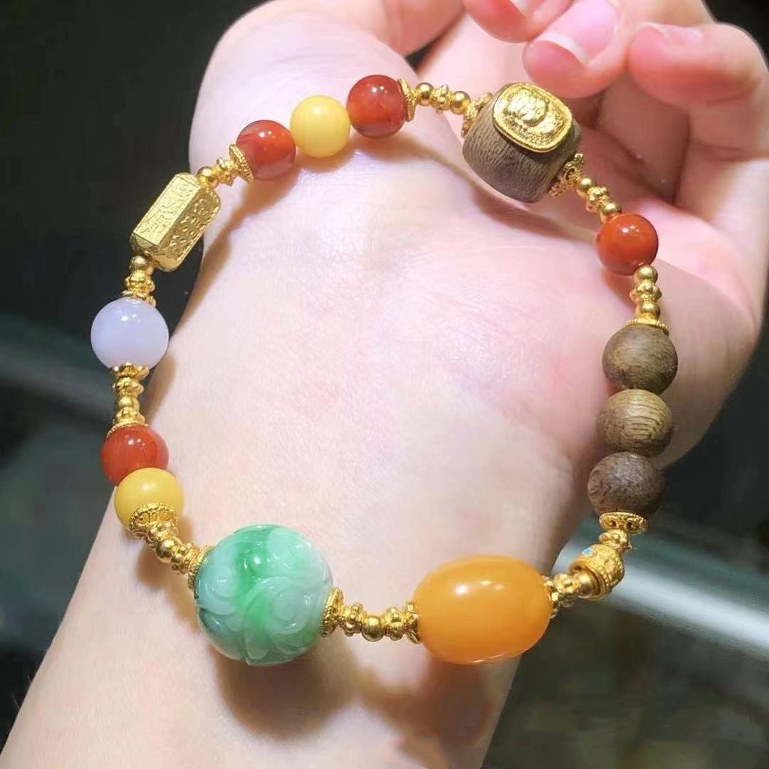 Carved green jade multi-gemstone bracelet with wood and amber accents | DIY Jade