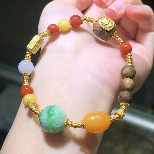 Carved green jade multi-gemstone bracelet with wood and amber accents | DIY Jade