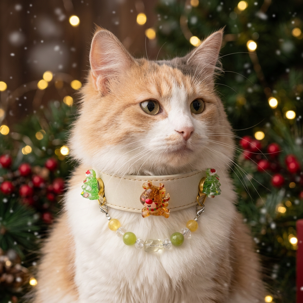 Cat collar, Cream leather Christmas cat collar with reindeer and Christmas tree charms, beaded chain worn by cute tabby cat in festive Xmas background |DIY Jade