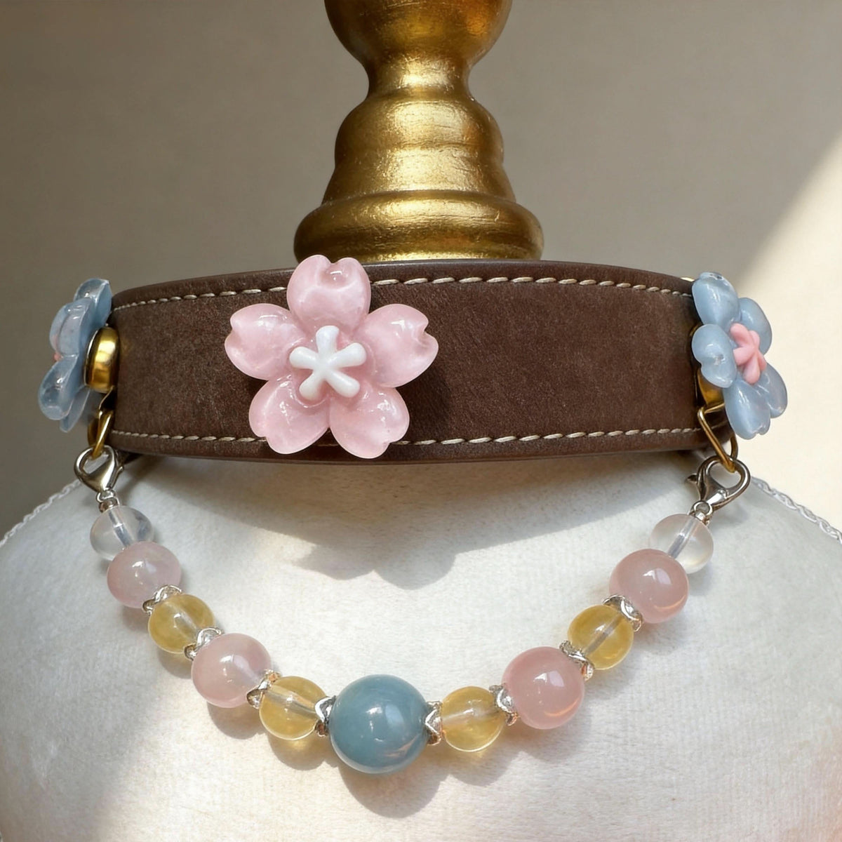 Front view of sakura pet collar with multi-color round jade beads on bust | DIY Jade