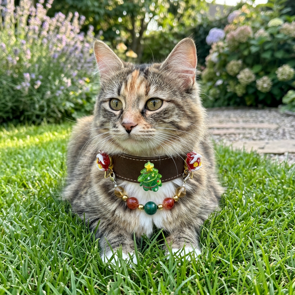 Brown christmas cat collar with christmas tree and little house charms, detachable malachite citrine beaded chain worn by tabby cat in outdoor garden | DIY Jade