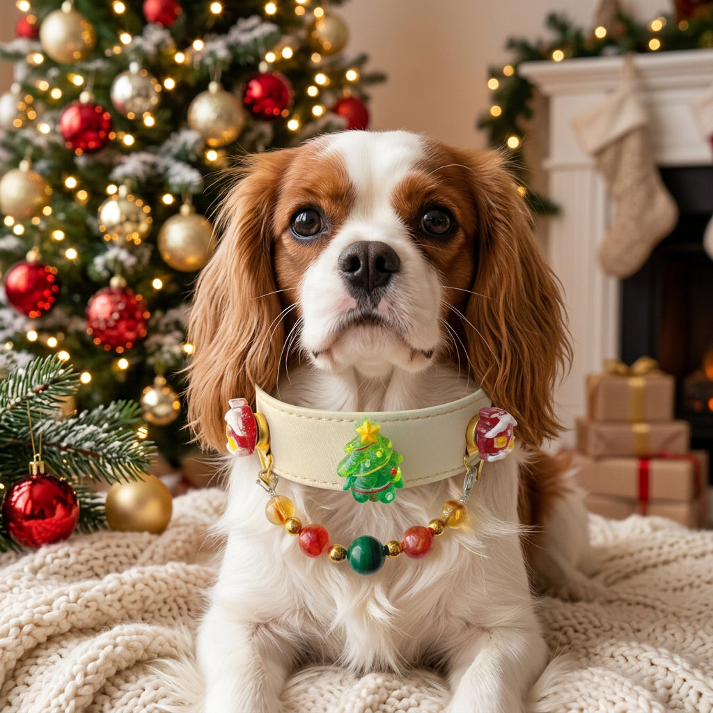 Christmas dog collar cream faux leather choker with christmas tree and house charms, detachable malachite citrine beaded chain worn by cavalier king charles spaniel in festive xmas home | DIY Jade