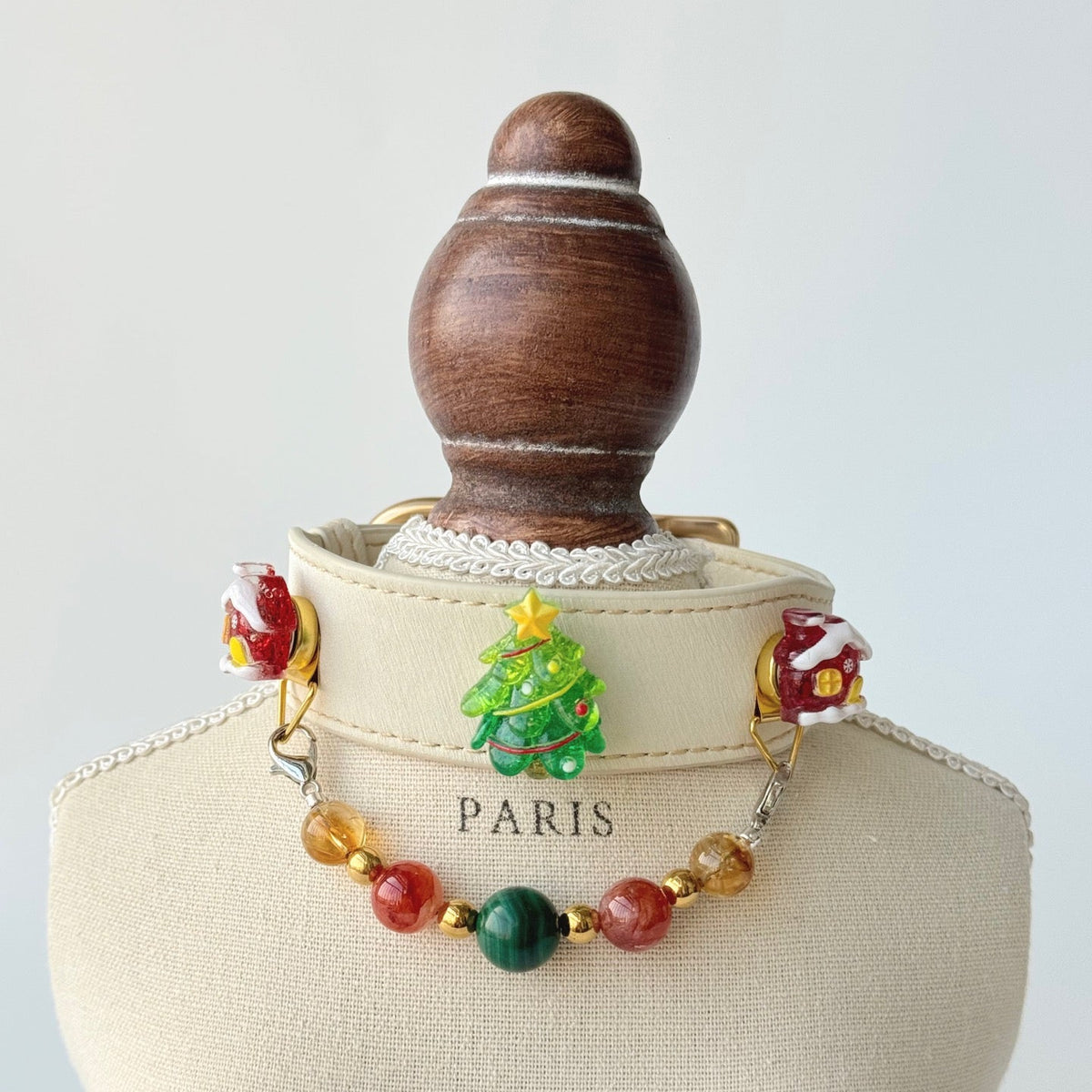 Christmas pet collar cream faux leather choker with christmas tree and house charms, detachable malachite citrine beaded chain for cat dog | DIY Jade