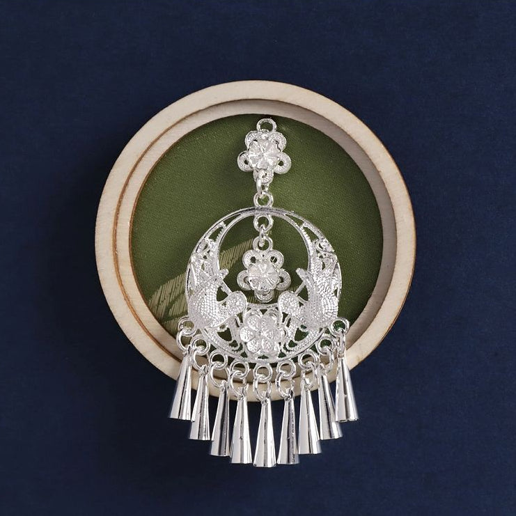 Round hollow wood fridge magnet, green base Miao ethnic silver jewelry ornament