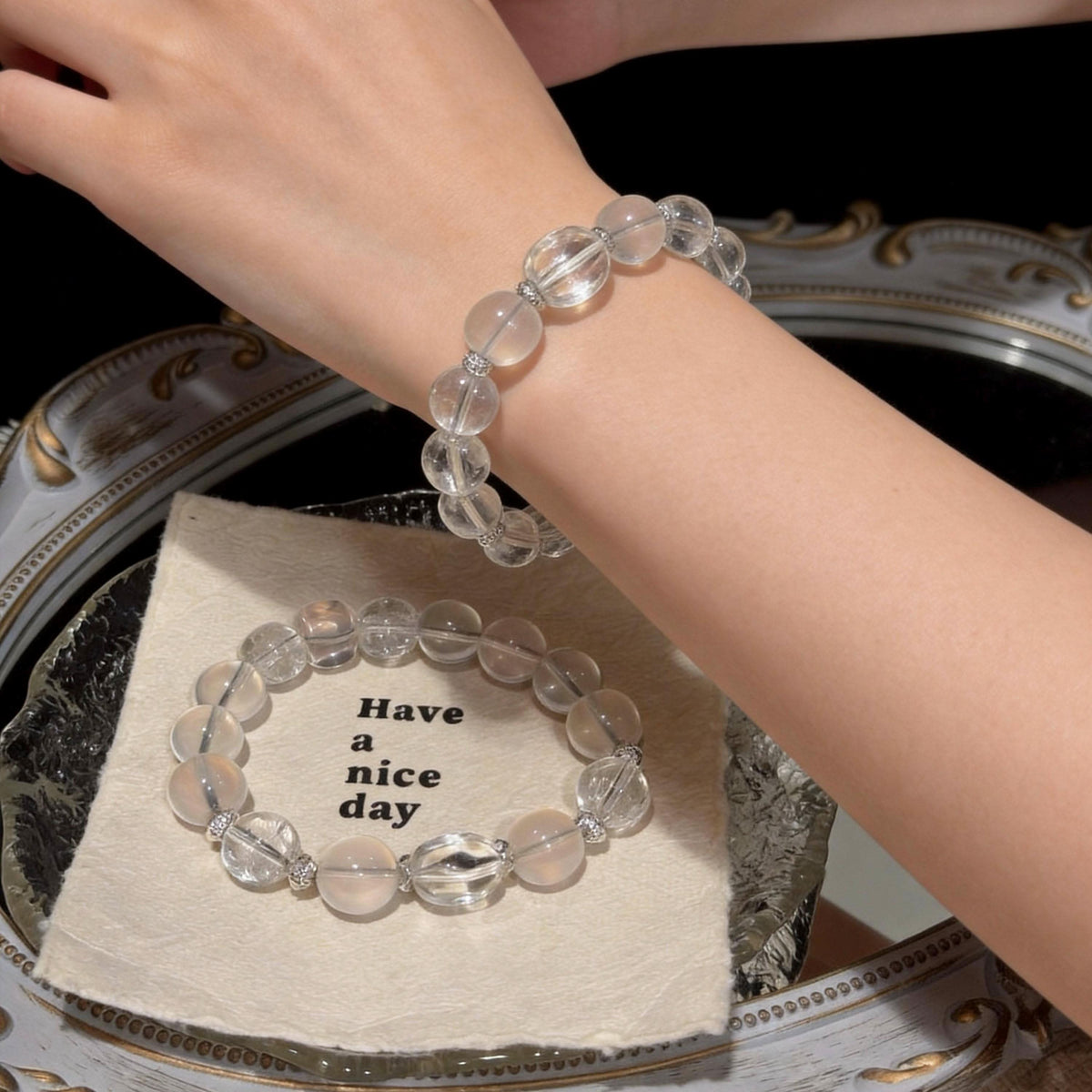Clear quartz bead human bracelet close‑up product detail photograph | DIY Jade