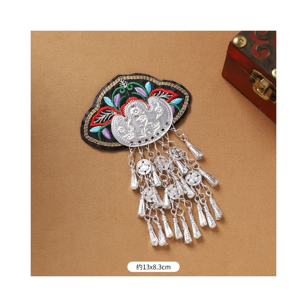 Ethnic cloud embroidered silver tassel brooch