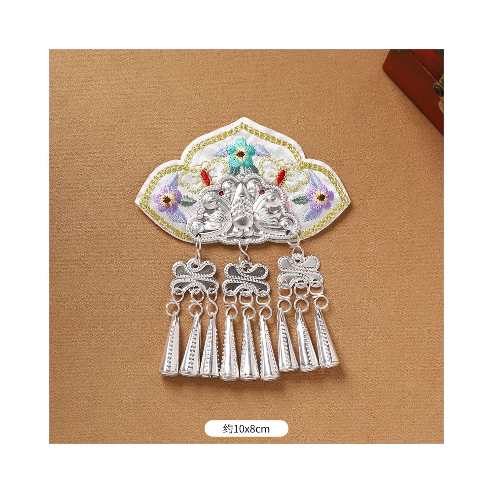 Cloud shape embroidered silver tassel brooch