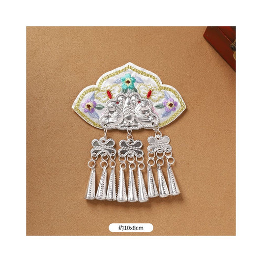 Cloud shape embroidered silver tassel brooch