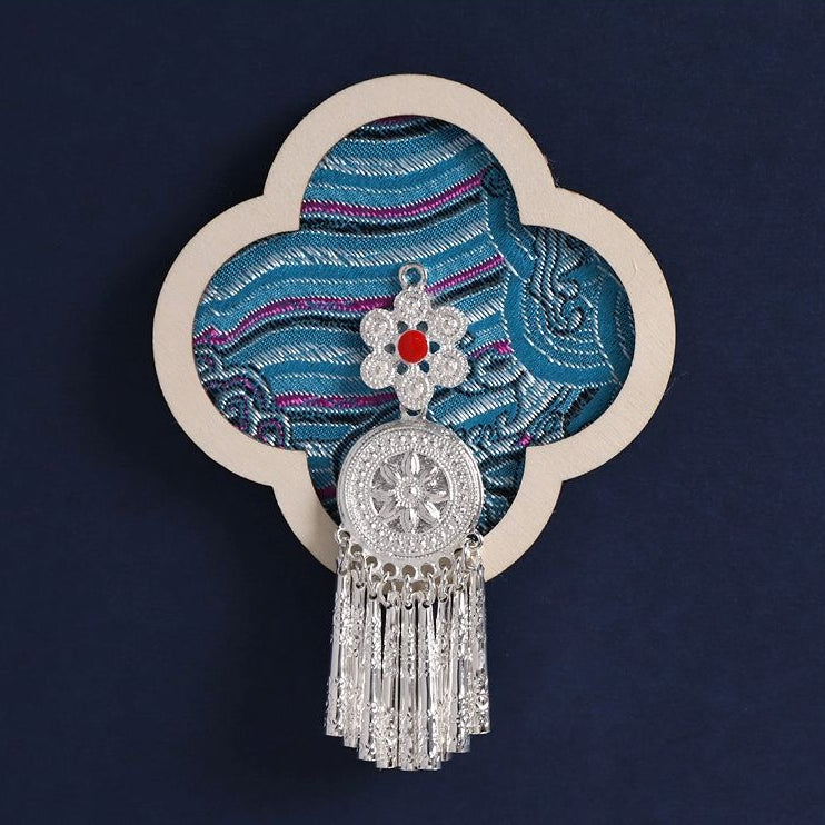Clover wood frame fridge magnet, blue ethnic brocade fabric with Miao silver pendant