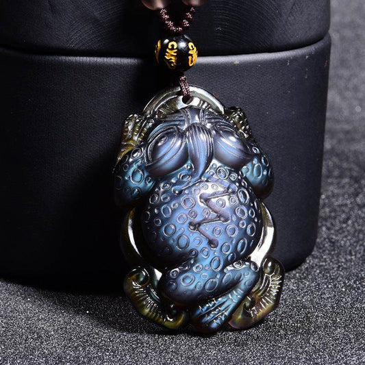 Colorful obsidian carved three-legged money toad pendant with cord | DIY Jade