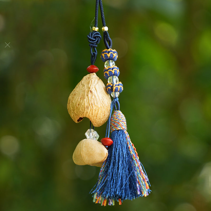 Gourd seed pod hanging decor with vibrant blue woven tassel outdoors | DIY Jade
