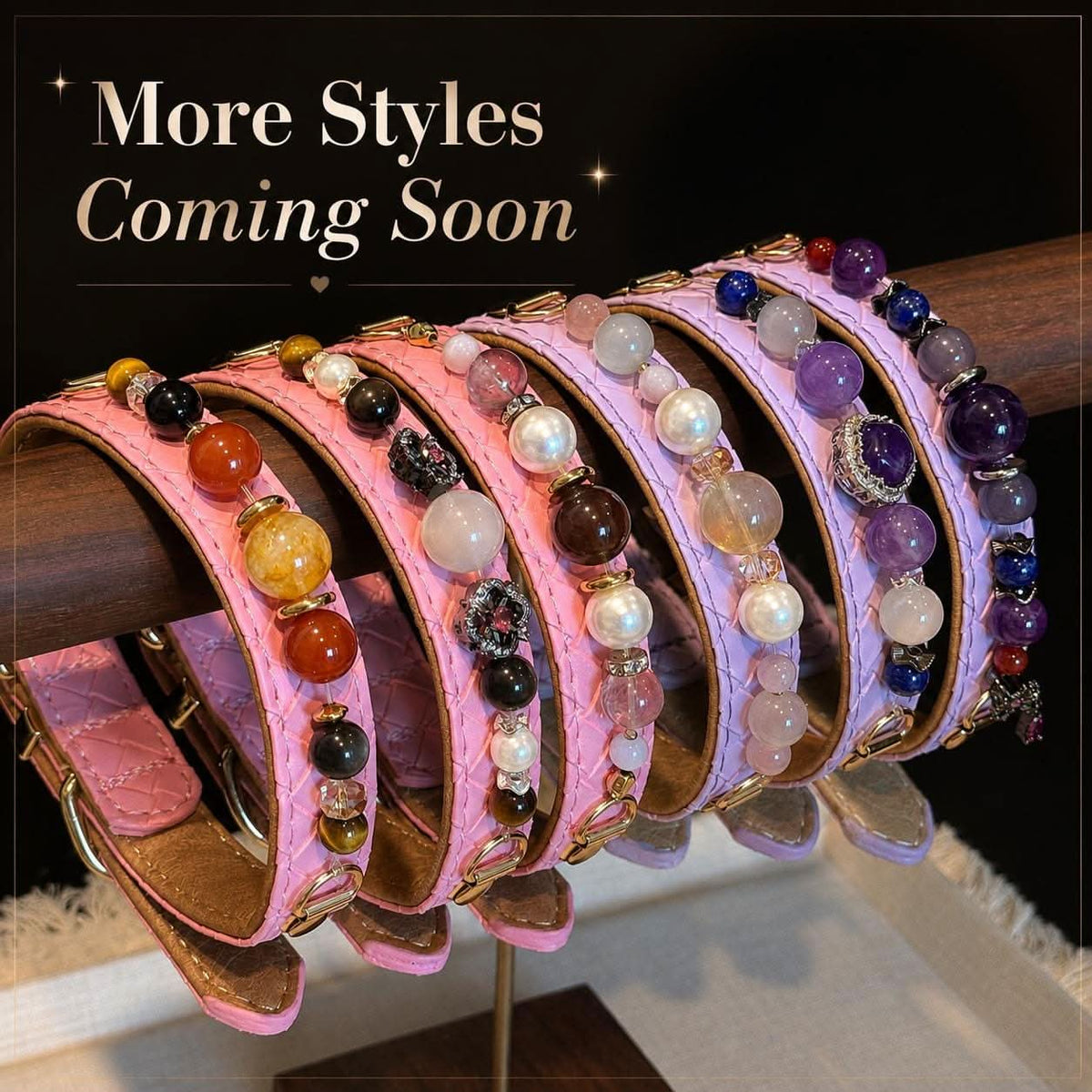 Assorted colorful handmade gemstone pet collars display for new styles preview | DIY Jade