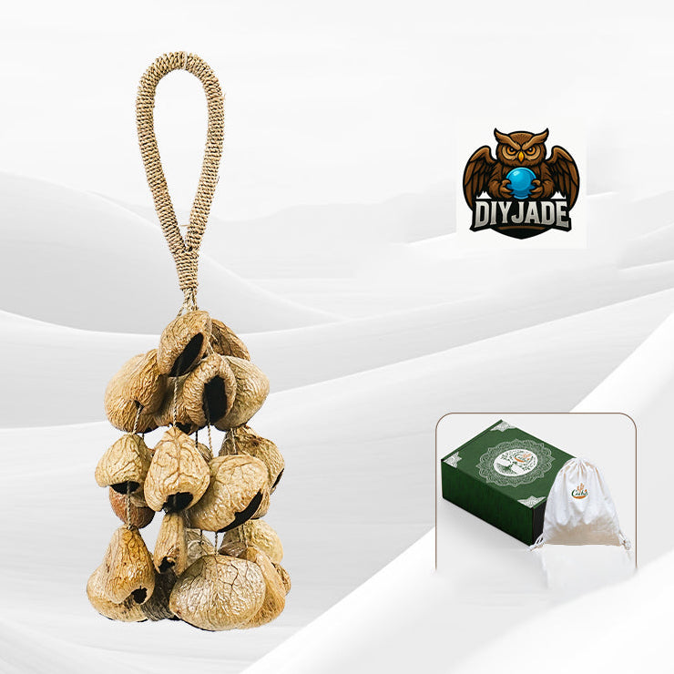 Short stacked seed pod hanging charm with rope loop, compact retail product display | DIY Jade