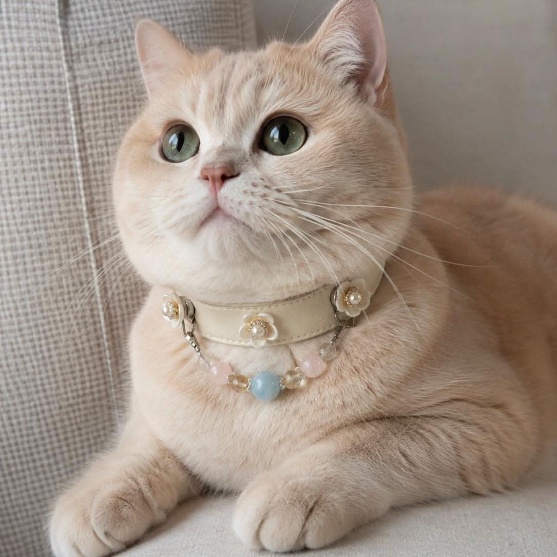 Cream British Shorthair cat wearing a pearl daisy flower crystal pet collar, lying on couch | DIYJade