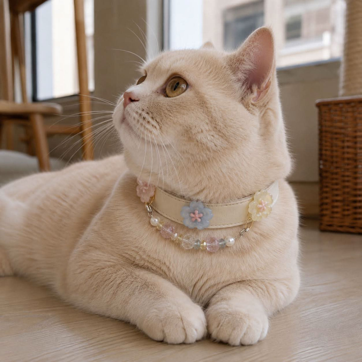 Cream cat wearing a pastel flower beaded collar, looking up | DIYJade