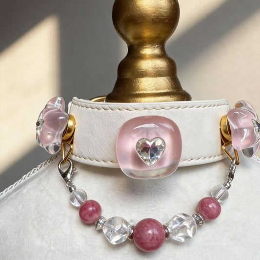 Cream leather pet collar with pink heart gem charm and pink jade bead chain | DIY Jade