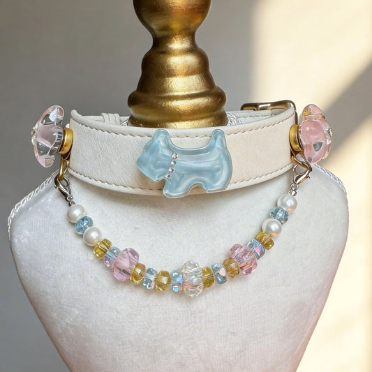 Cream leather pet collar with blue bow charm and pastel jade bead chain | DIY Jade