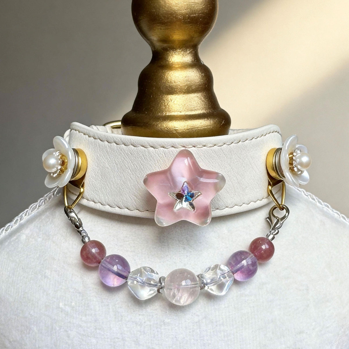 Cream leather pet collar with pink star charm and purple jade bead chain | DIY Jade
