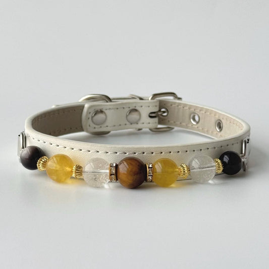 Front view cream leather pet collar decorated with yellow and tiger eye stone beads | DIY Jade