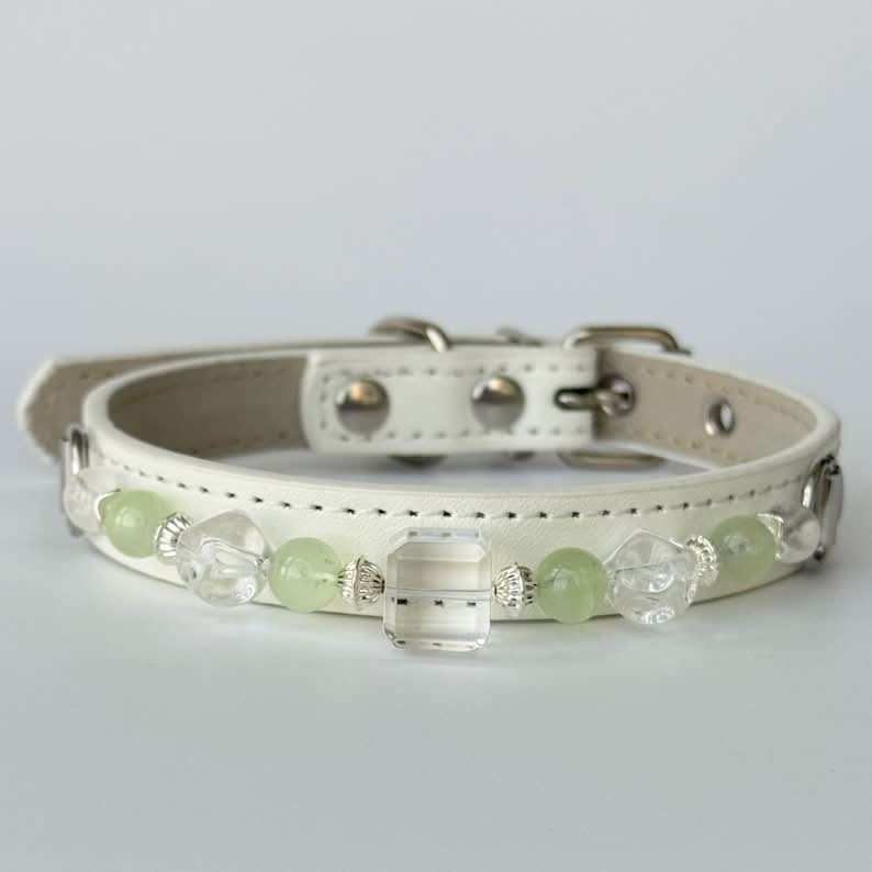 Front studio view white leather pet collar decorated with pale green crystal beads | DIY Jade