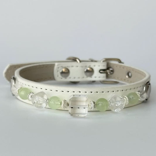 Front studio view white leather pet collar decorated with pale green crystal beads | DIY Jade