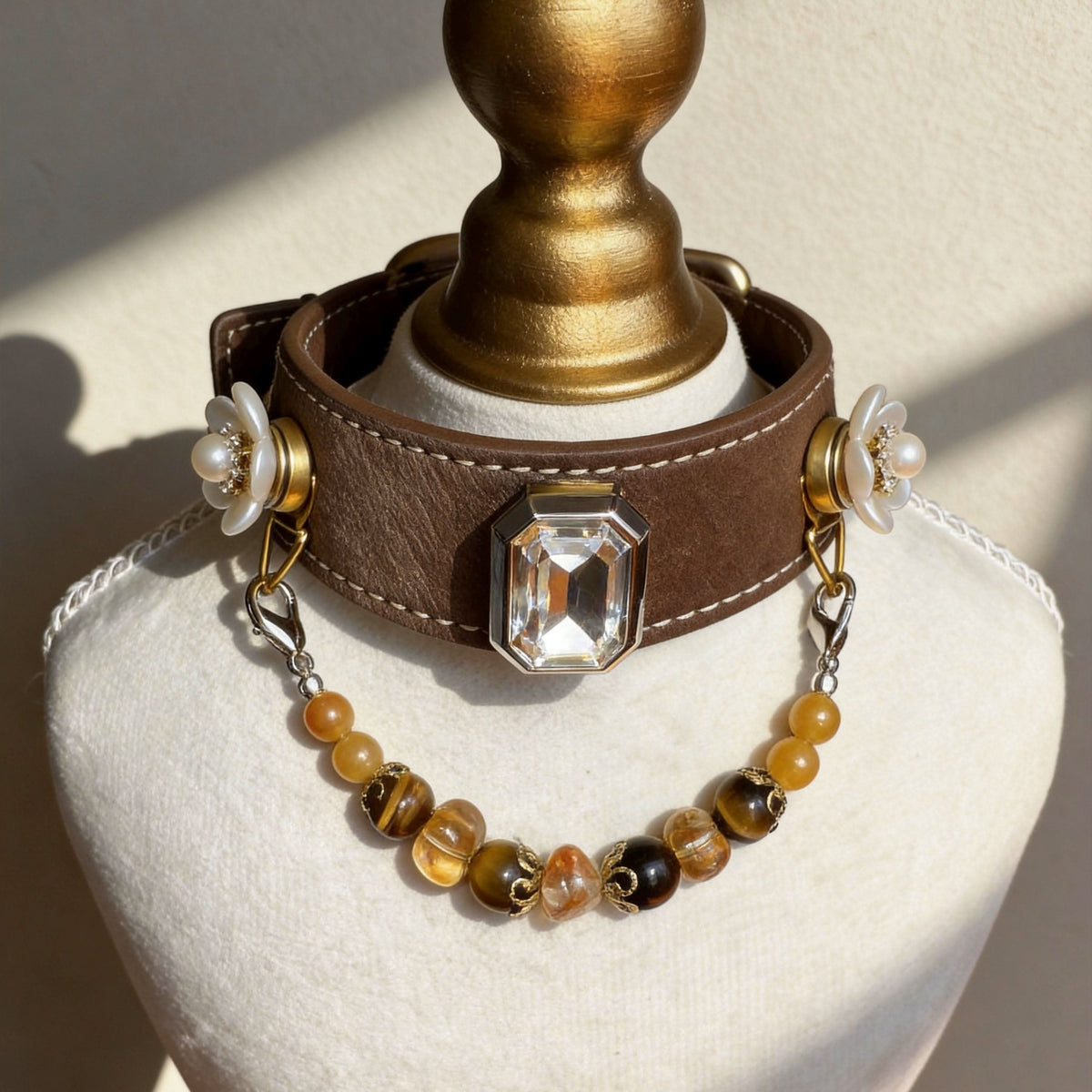 Mannequin bust showing brown pet collar with crystal gem and yellow jade bead chain | DIY Jade