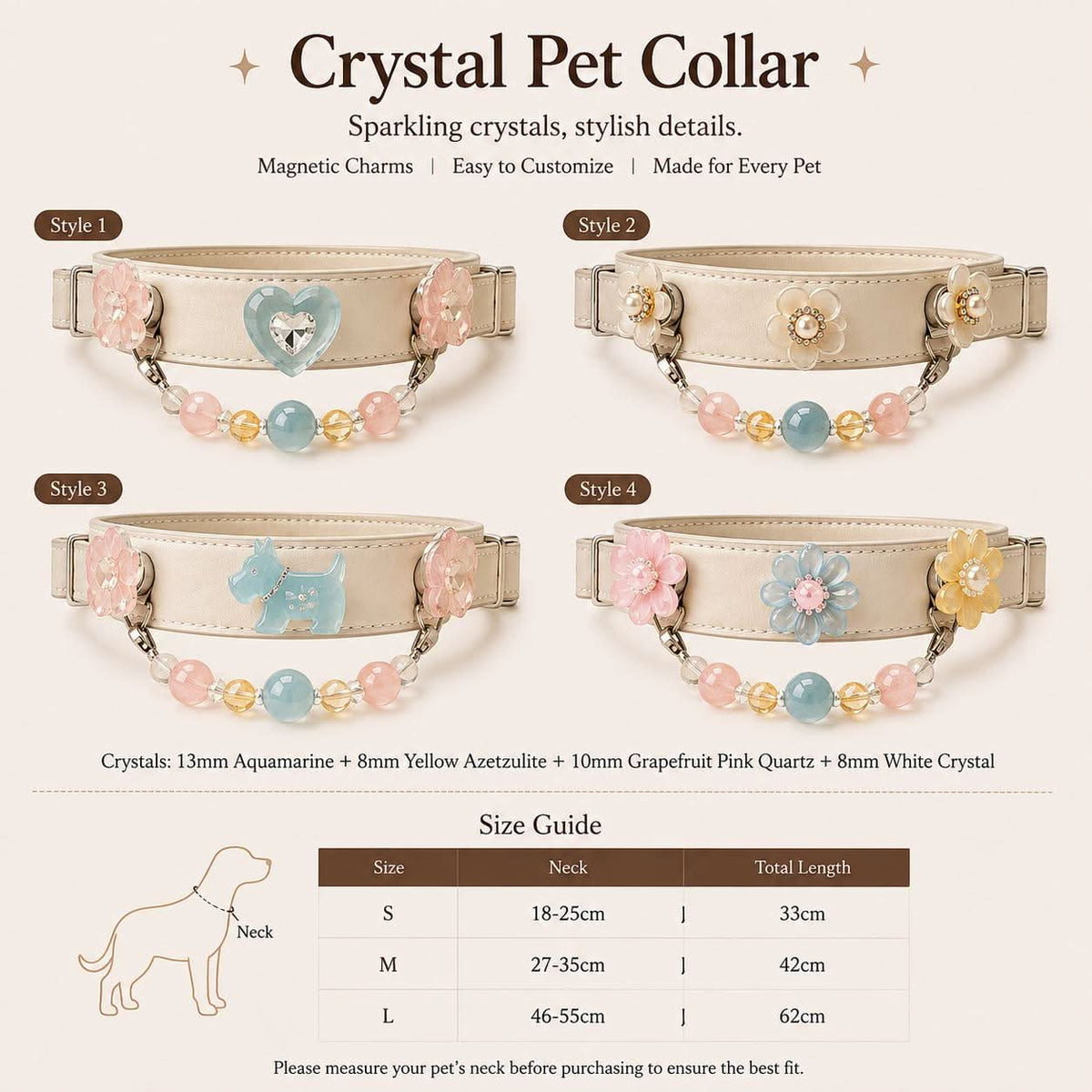Crystal pet collar product infographic showing all four magnetic charm styles and size measurement guide | DIYJade