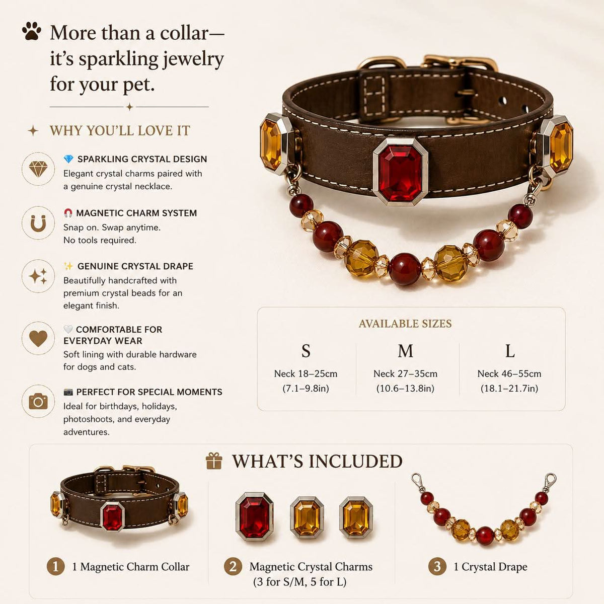 Crystal pet collar product info graphic card with accessory detail overview 10 | DIY Jade 