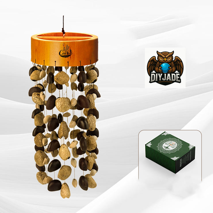 Cylinder wooden cap seed pod wind chime, full‑view studio product shot with gift box | DIY Jade