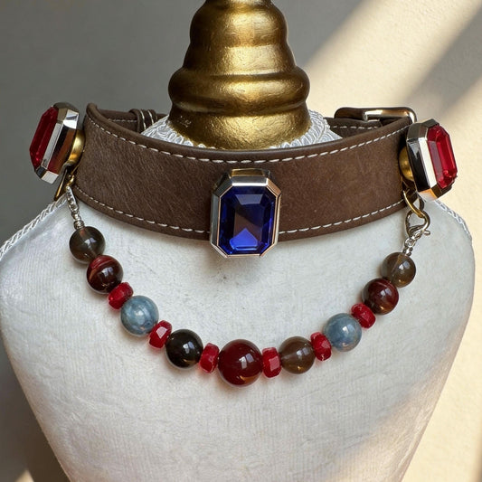 Dark brown leather pet collar closeup with central blue sapphire gem and multi-tonal round jade bead chain | DIY Jade