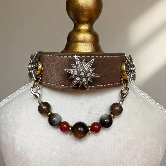 Dark brown leather pet collar closeup, silver star crystal ornament and mixed red brown jade bead chain | DIY Jade