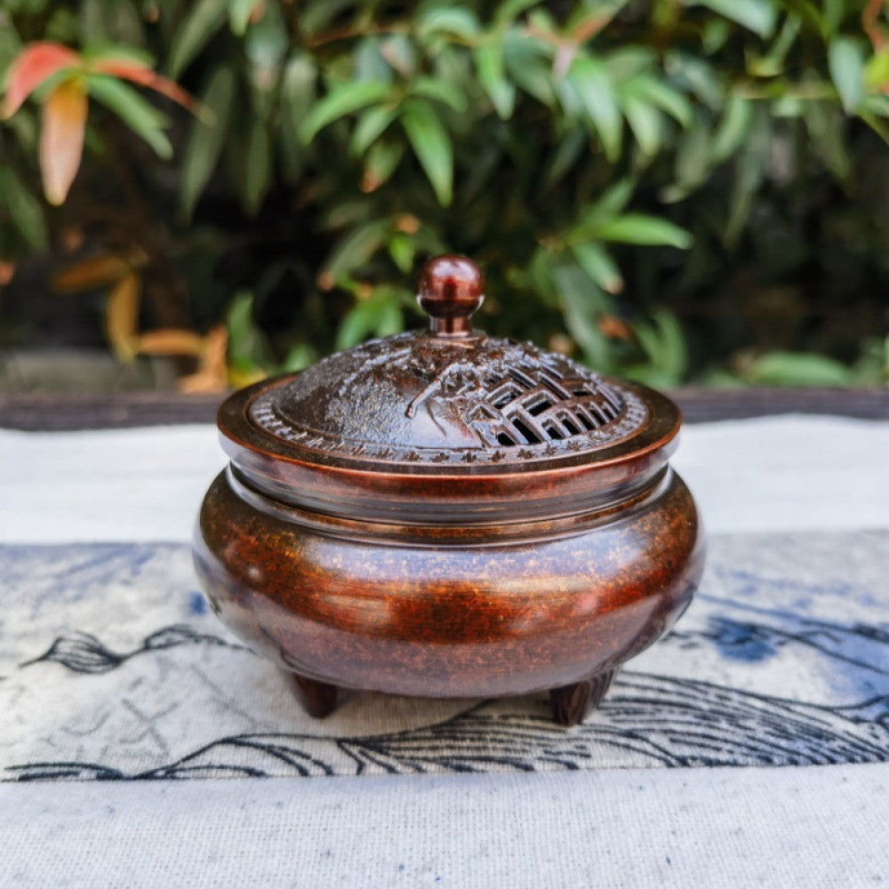 Dark reddish-brown incense burner with carved lid, traditional oriental decor | DIY Jade