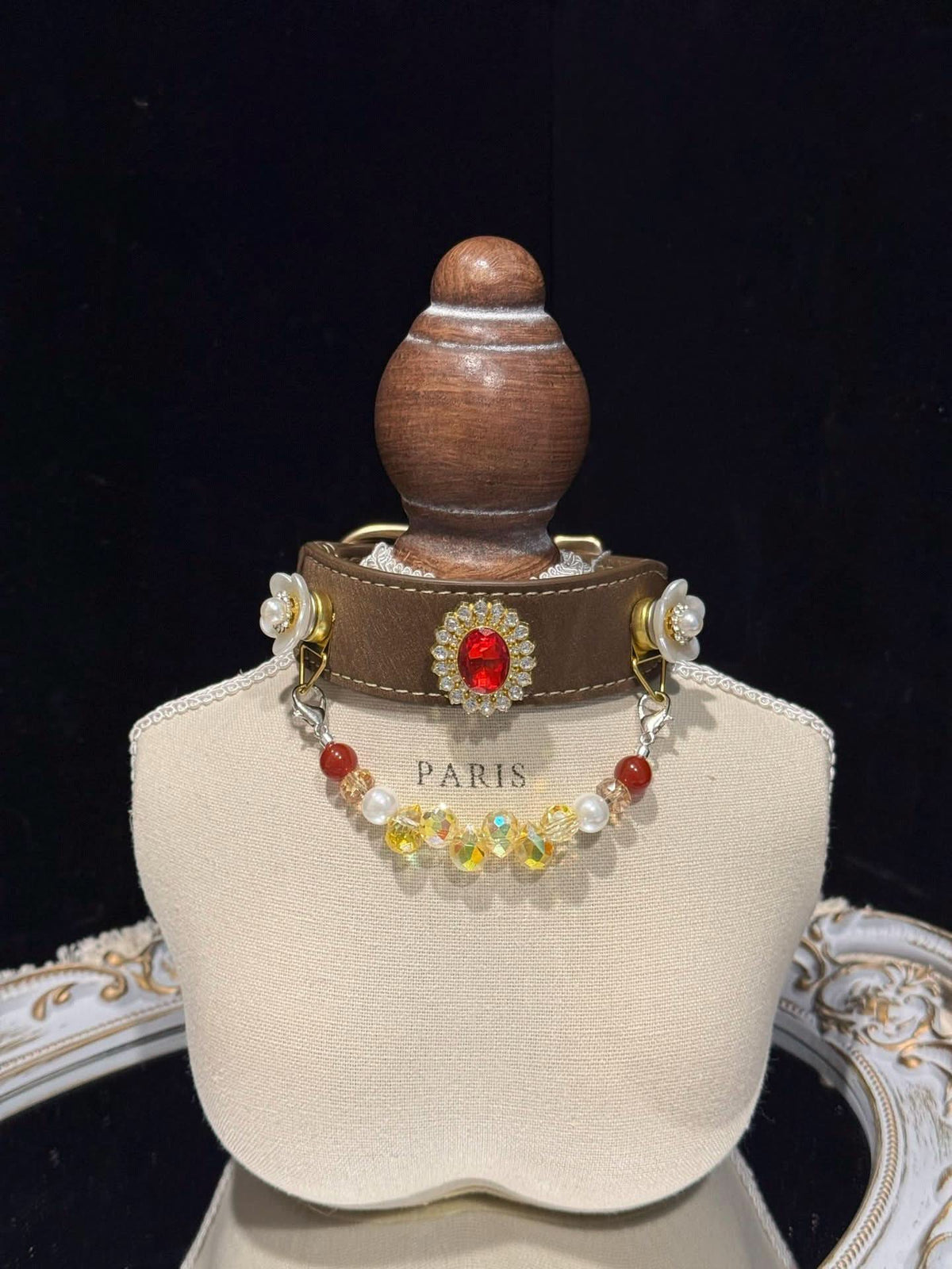 Ornate vintage gem pet collar with multi‑bead necklace on mannequin against dark background | DIY Jade