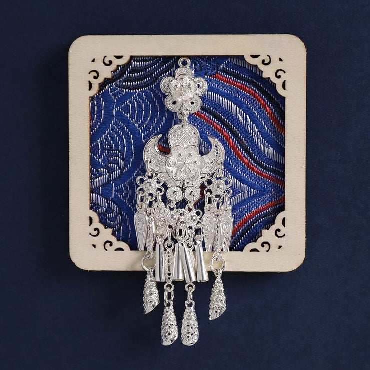 Dark‑blue rectangular fridge magnet, grand Miao silver ceremonial headdress ornament