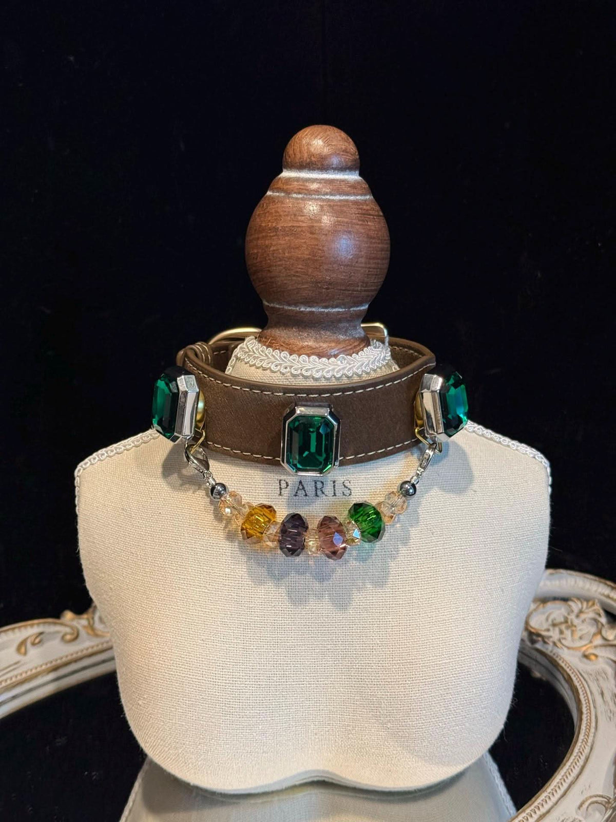 Dark leather pet collar with large gem stones and beaded necklace on mannequin bust | DIY Jade