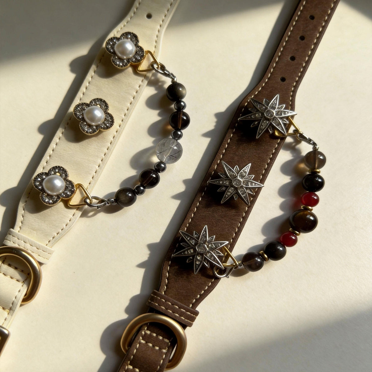 Detail view of brown leather pet collar fitted with star crystal charms and round jade beads | DIY Jade