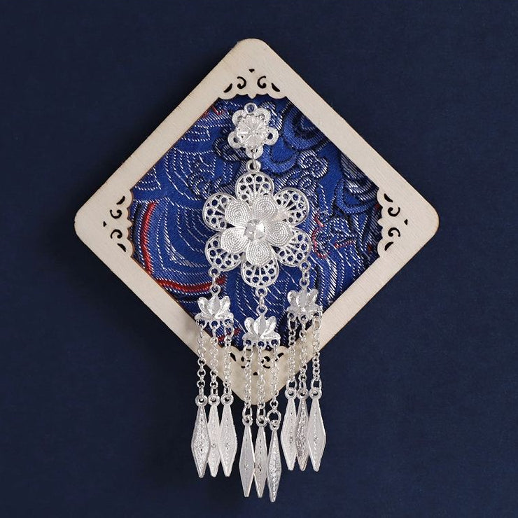 Diamond‑shaped hollow wood fridge magnet, Miao silver tassel decor, ethnic style home decor