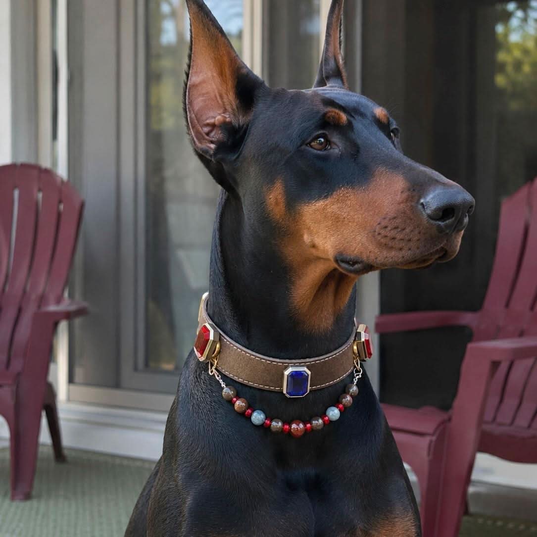 Doberman posing outdoors dressed in handmade leather collar with gems and jade beads | DIY Jade
