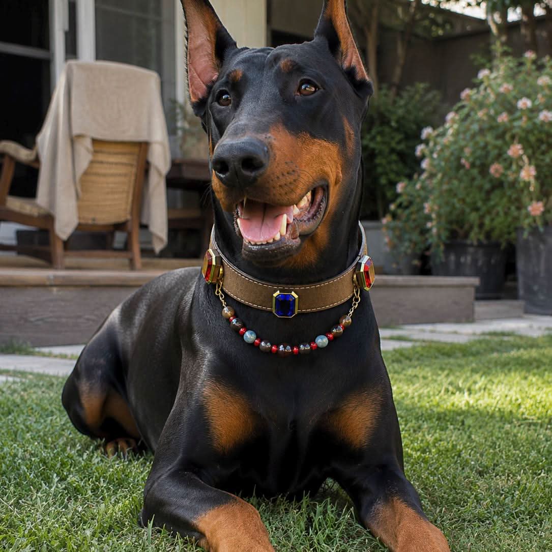 Black and tan doberman dog on grass wearing luxury gemstone jade bead pet collar | DIY Jade