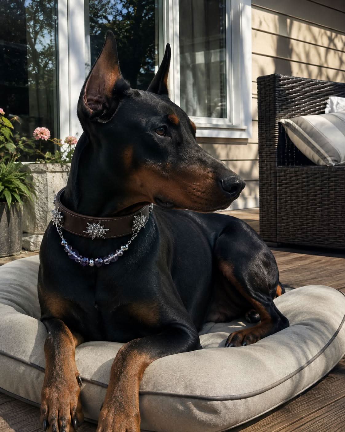 Doberman dog wearing star crystal decorated pet collar relaxing outdoors | DIY Jade