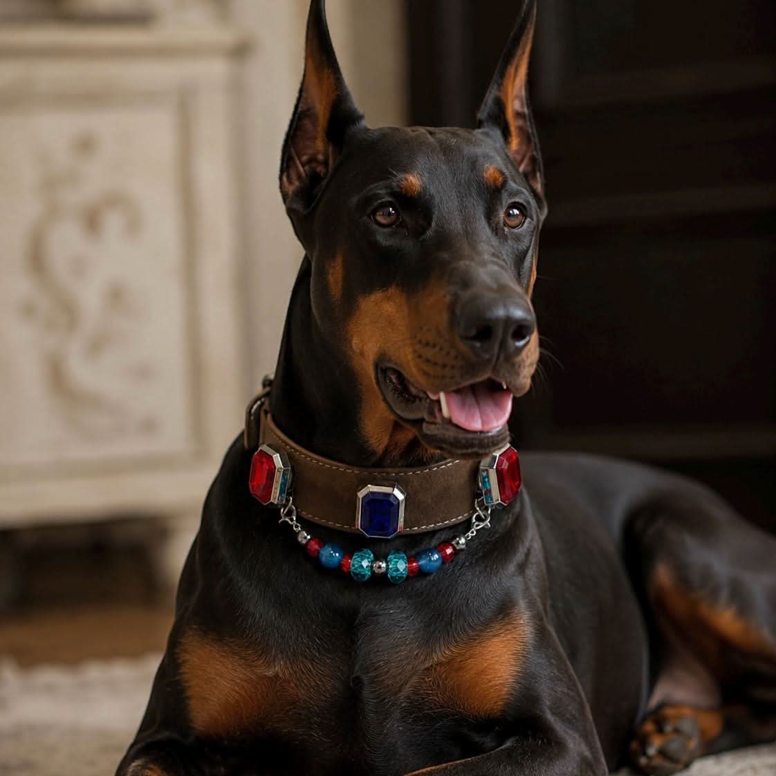 Doberman pet modeling vintage gem collar bright indoor portrait photo | DIY Jade