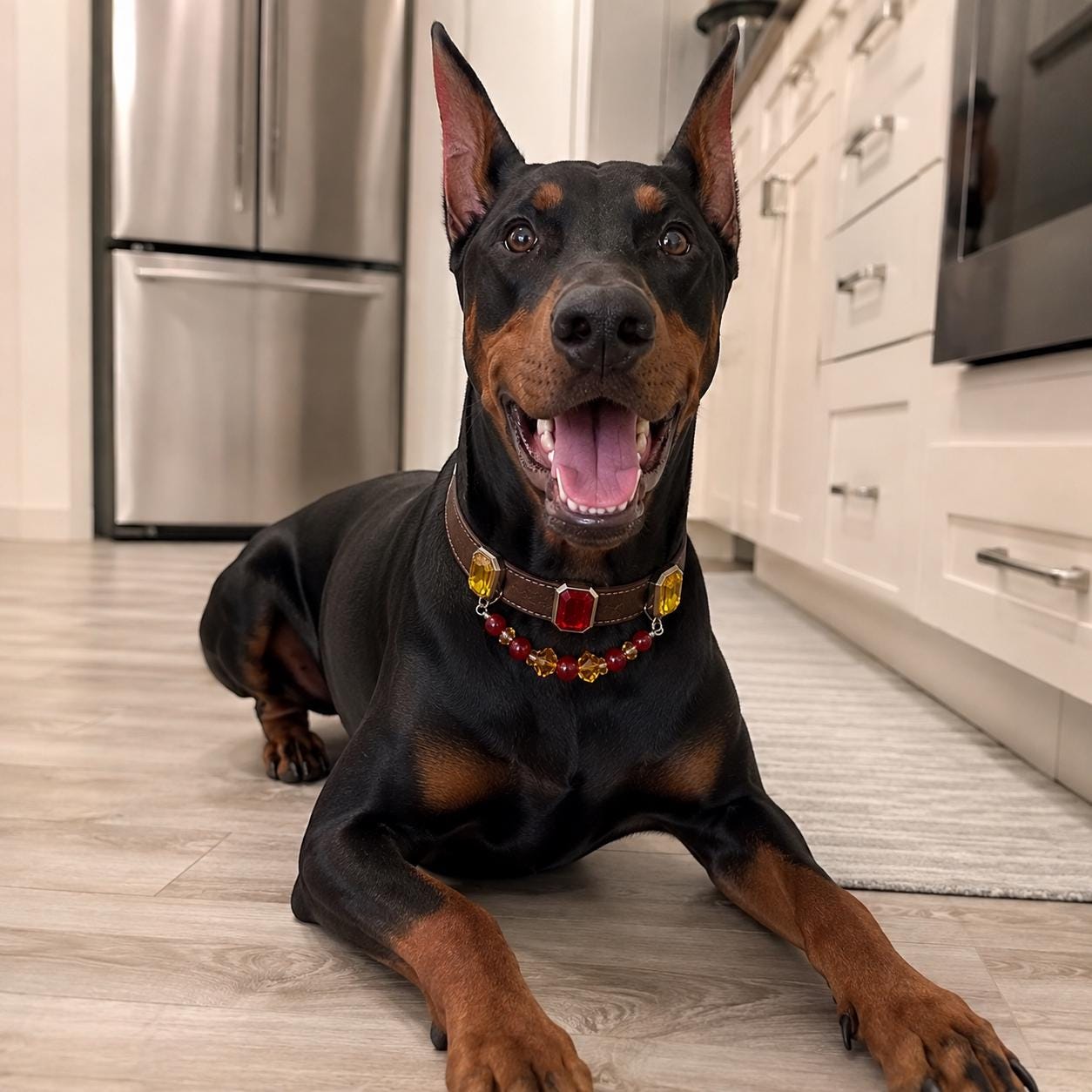 Doberman with mouth open in a rhinestone drop pet collar|DIYJade